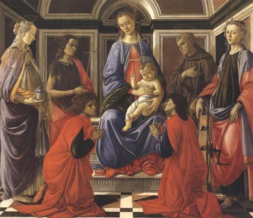 Sandro Botticelli Madonna enthroned with Child and Saints (Mary Magdalene,John the Baptist,Cosmas and Damien,Sts Francis and Catherine of Alexandria) oil painting image